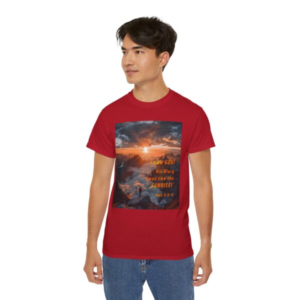 Cotton T-shirt with our inspirational "His splendor was like the sunrise" design with a quote from Habakkuk 3:3-4. Vintage Christian Faith Apparel Unisex Cotton T-Shirt, Thoughtful Quote - Image 31