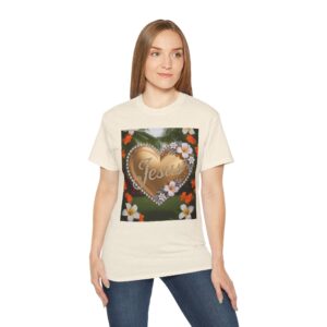 Our inspirational "Jesus" 'Diamond Ring-Solid Gold Heart' Design! on a Christian Unisex Cotton T-Shirt, Faith Spiritual Apparel, Love Gift