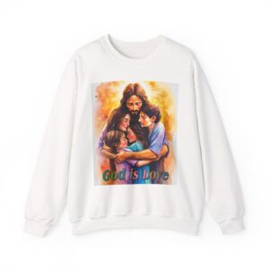 Crewneck Sweatshirt-with our "God is Love" series with Jesus hugging a young family! Inspirational Biblical Vintage Inspired Gift