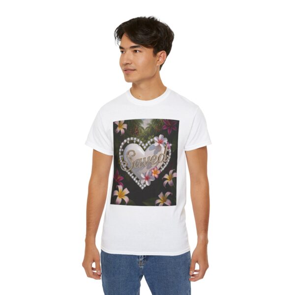 Our inspirational "Saved" 'Pure White Heart' Design! on a Christian Unisex Cotton T-Shirt, Faith Spiritual Apparel, Love Gift - Image 8