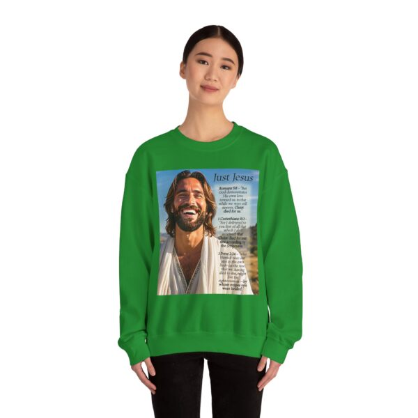 Crewneck Sweatshirt with our inspirational "Just Jesus" and Verses on Salvation Design! Vintage Inspired Faith Apparel, Gospel Fashion Unisex Heavy - Image 16
