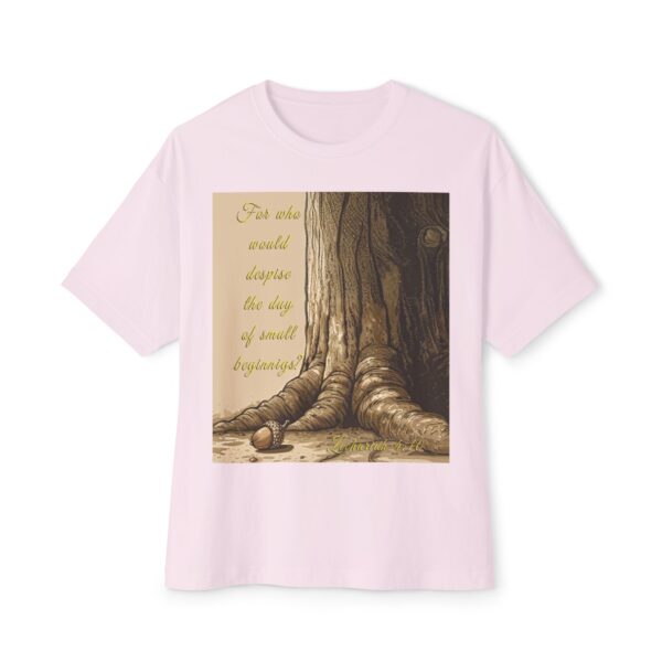 Our inspirational 'Day of Small Beginnings' with thoughtful quote from Zech 4:10 and Acorn-Oak Tree design Boxy T-Shirt, Inspirational Christian Faith Apparel Unisex Cotton Tee, Oversized Boxy Tshirt - Image 2
