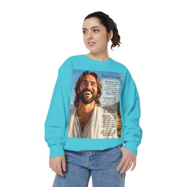 Sweatshirt Unisex with our inspirational "Just Jesus" and Verses on Salvation Design! Faith Apparel Gospel Fashion Jumper, Pullover - Image 27