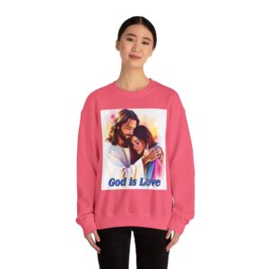 Crewneck Sweatshirt with our "God is Love" series with Jesus hugging a young lady! Inspirational Biblical, Vintage Inspired Gift