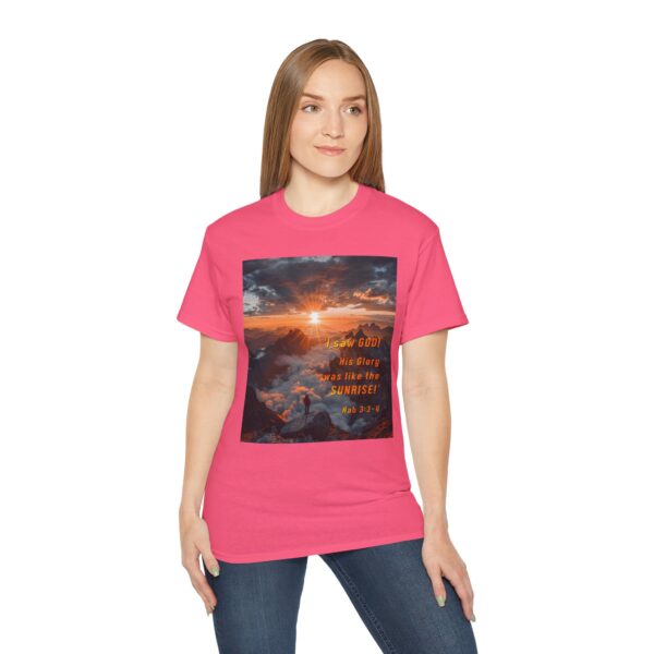 Cotton T-shirt with our inspirational "His splendor was like the sunrise" design with a quote from Habakkuk 3:3-4. Vintage Christian Faith Apparel Unisex Cotton T-Shirt, Thoughtful Quote - Image 29