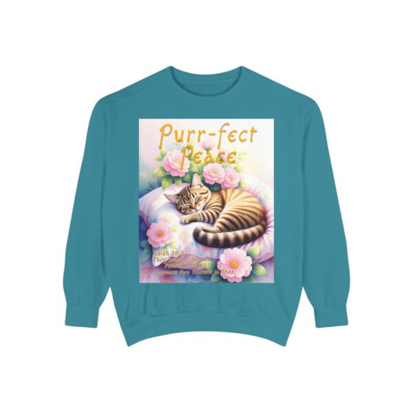 Sweatshirt Unisex with "Purr-fect Peace" with a cat in blissful sleep and the verse Isaiah 26:3!  Christian Apparel, Faith-Based Comfort, Jumper, Gift for Believers - Image 2