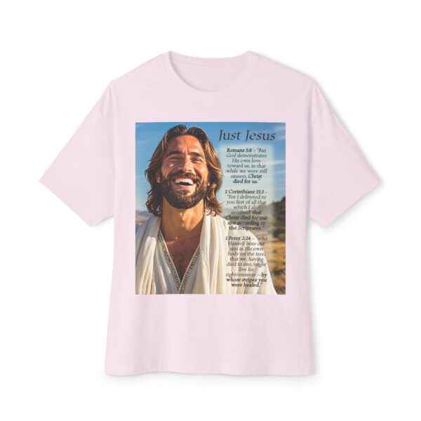 Our inspirational "Just Jesus" and Verses on Salvation Design on a Unisex Oversized Box Tshirt, Religious Graphic Top, Bible Verse Apparel - Image 3