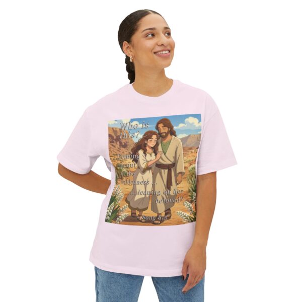 Our inspirational "Who is this?" from Song of Solomon 8:5, ANIME style design Boxy T-Shirt, Inspirational Christian Faith Apparel Unisex Cotton Tee, Oversized Boxy Top T-shirt