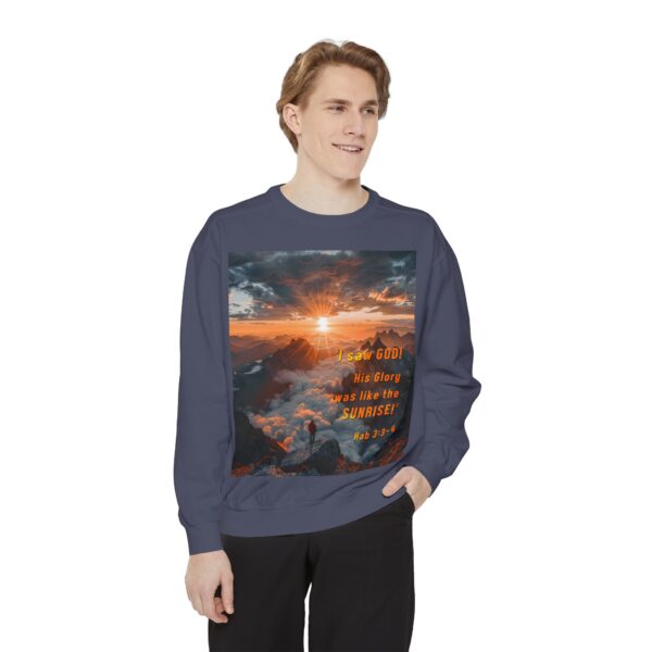 Sweatshirt Unisex our inspirational "His splendor was like the sunrise" design with a quote from Habakkuk 3:3-4! Faith Apparel Gospel Fashion Jumper, Pullover - Image 35