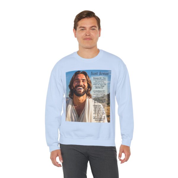 Crewneck Sweatshirt with our inspirational "Just Jesus" and Verses on Salvation Design! Vintage Inspired Faith Apparel, Gospel Fashion Unisex Heavy - Image 3