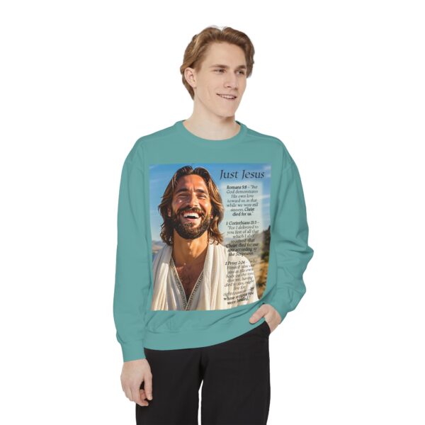 Sweatshirt Unisex with our inspirational "Just Jesus" and Verses on Salvation Design! Faith Apparel Gospel Fashion Jumper, Pullover - Image 22