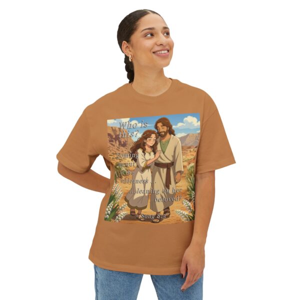 Our inspirational "Who is this?" from Song of Solomon 8:5, ANIME style design Boxy T-Shirt, Inspirational Christian Faith Apparel Unisex Cotton Tee, Oversized Boxy Top T-shirt - Image 7