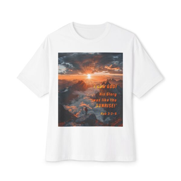 Boxy Oversized T-shirt with our inspirational "His splendor was like the sunrise" design with a quote from Habakkuk 3:3-4. Christian Faith Apparel Unisex Cotton Tee, Oversized Boxy Tshirt - Image 3
