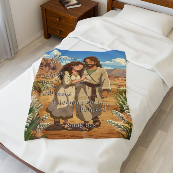 Our inspirational with our "Who is this?" from Song of Solomon 8:5 design in ANIME style! Velveteen Plush Throw Blanket Design! A Cozy Gift for Anniversary, Wedding Faith Home Decor Bedding - Image 11