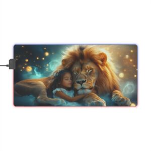 RGB LED Gaming Mouse Pad, Colorful Desk Mat with 'Lucy and Lion' Design, Gamer Home Office Decor, Computer Accessories, LED Backlit