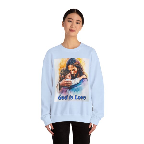 Crewneck Sweatshirt with our "God is Love" series with Jesus hugging a young girl! Inspirational Biblical Vintage Inspired Gift - Image 16