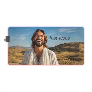 RGB LED Gaming Mouse Pad, Colorful Desk Mat with our "Just Jesus" Design, Gamer Home Office Decor, Computer Accessories, LED Backlit