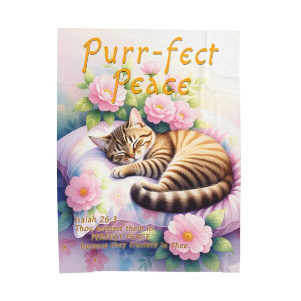 Our Beautiful "Purr-fect Peace" with a cat in blissful sleep design featuring the verse Isaiah 26:3! Inspirational Velveteen Plush Throw Blanket Faith Home Decor Bedding - Image 2