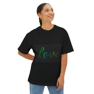Our "Love" 'light in darkness' design on a Unisex Tee, Inspirational Oversized Box Tshirt, Religious Graphic Top, Travel Bible Verse Apparel
