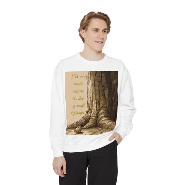 Sweatshirt Unisex with our Inspirational "Day of Small Beginnings" with thoughtful quote from Zech 4:10 and Acorn-Oak Tree design! Faith Apparel Gospel Fashion Jumper, Pullover - Image 9
