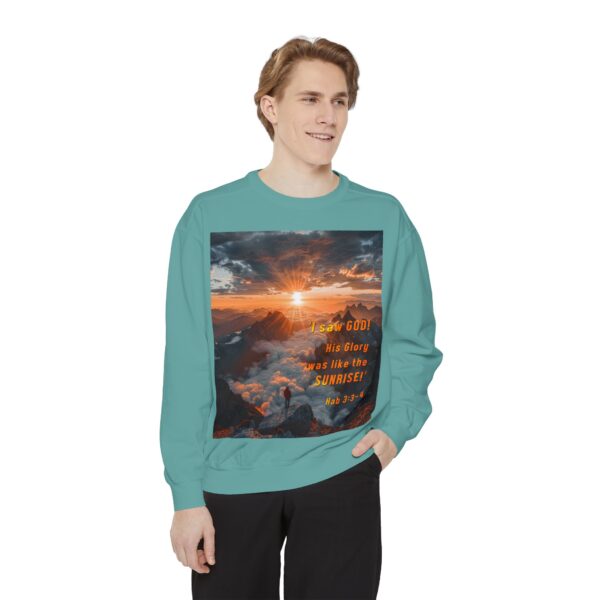 Sweatshirt Unisex our inspirational "His splendor was like the sunrise" design with a quote from Habakkuk 3:3-4! Faith Apparel Gospel Fashion Jumper, Pullover - Image 22