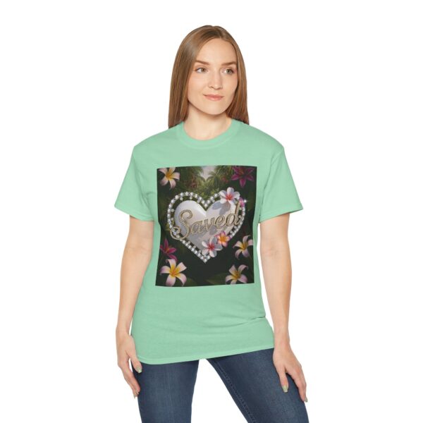 Our inspirational "Saved" 'Pure White Heart' Design! on a Christian Unisex Cotton T-Shirt, Faith Spiritual Apparel, Love Gift - Image 16