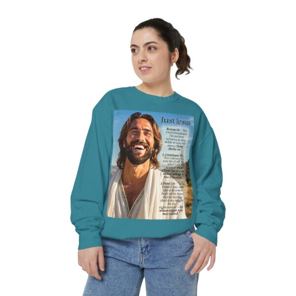 Sweatshirt Unisex with our inspirational "Just Jesus" and Verses on Salvation Design! Faith Apparel Gospel Fashion Jumper, Pullover - Image 24