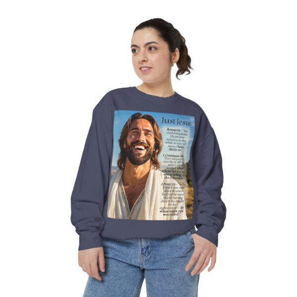 Sweatshirt Unisex with our inspirational "Just Jesus" and Verses on Salvation Design! Faith Apparel Gospel Fashion Jumper, Pullover - Image 34