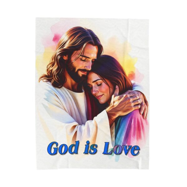 Our "God is Love" series Throw Blanket with an image of Jesus hugging a Young Lady! Inspirational Velveteen Plush Throw Blanket A Cozy Gift for Anniversary, Wedding Faith Home Decor Bedding - Image 2