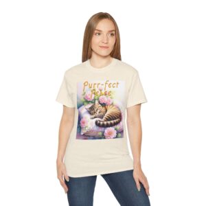 Our "Purr-fect Peace" Cotton T-Shirt with a cat in blissful sleep featuring the verse Isaiah 26:3! Inspirational Christian Faith Apparel Unisex Cotton T-Shirt Vintage Design.