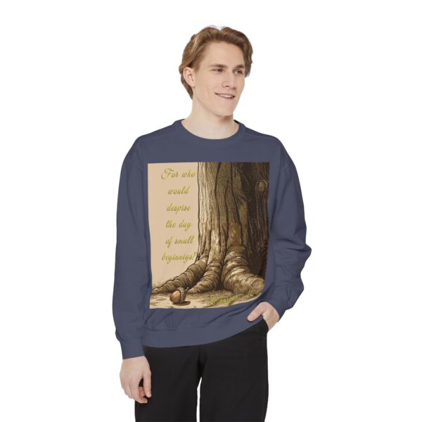 Sweatshirt Unisex with our Inspirational "Day of Small Beginnings" with thoughtful quote from Zech 4:10 and Acorn-Oak Tree design! Faith Apparel Gospel Fashion Jumper, Pullover - Image 35