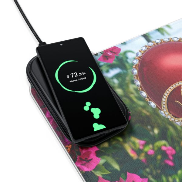 LED + Wireless Charger Gaming Mouse Pad with "Beloved" 'Solid Red Heart' Design, Gaming Desk Accessory, Tech Gift, Home Office Gamer Essentials - Image 3