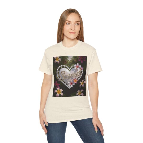 Our inspirational "Saved" 'Pure White Heart' Design! on a Christian Unisex Cotton T-Shirt, Faith Spiritual Apparel, Love Gift - Image 5