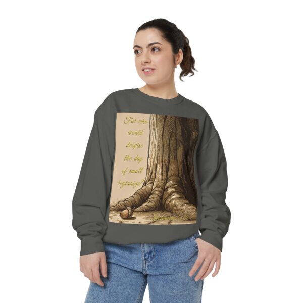 Sweatshirt Unisex with our Inspirational "Day of Small Beginnings" with thoughtful quote from Zech 4:10 and Acorn-Oak Tree design! Faith Apparel Gospel Fashion Jumper, Pullover - Image 15