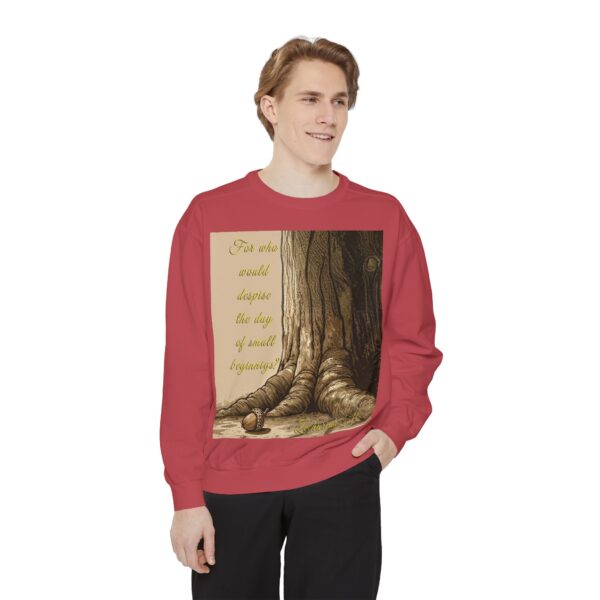Sweatshirt Unisex with our Inspirational "Day of Small Beginnings" with thoughtful quote from Zech 4:10 and Acorn-Oak Tree design! Faith Apparel Gospel Fashion Jumper, Pullover - Image 6