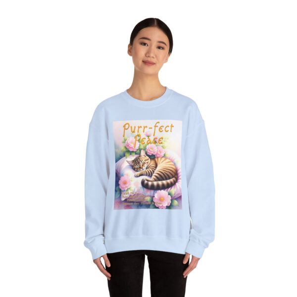 Crewneck Sweatshirt with our "Purr-fect Peace" with a cat in blissful sleep design featuring the verse Isaiah 26:3! Inspirational Biblical, Vintage Inspired, Gift - Image 5