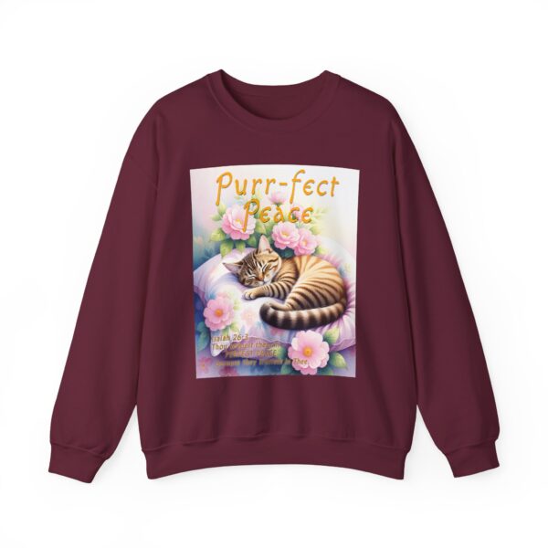 Crewneck Sweatshirt with our "Purr-fect Peace" with a cat in blissful sleep design featuring the verse Isaiah 26:3! Inspirational Biblical, Vintage Inspired, Gift - Image 18