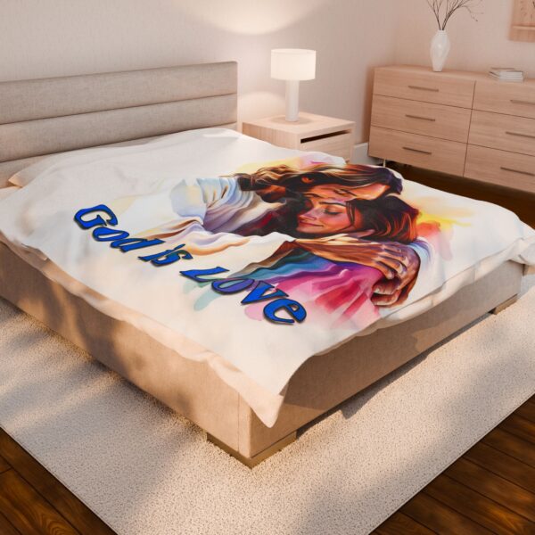 Our "God is Love" series Throw Blanket with an image of Jesus hugging a Young Lady! Inspirational Velveteen Plush Throw Blanket A Cozy Gift for Anniversary, Wedding Faith Home Decor Bedding - Image 4