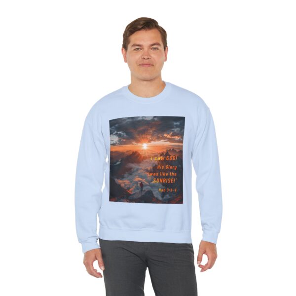 Crewneck Sweatshirt-with our inspirational "His splendor was like the sunrise" design with a quote from Habakkuk 3:3-4!Vintage Inspired Faith Apparel, Gospel Fashion Unisex Heavy - Image 7