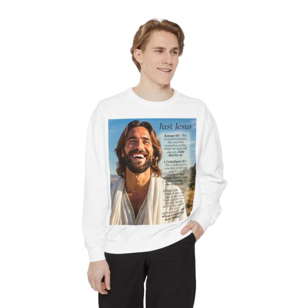 Sweatshirt Unisex with our inspirational "Just Jesus" and Verses on Salvation Design! Faith Apparel Gospel Fashion Jumper, Pullover - Image 12