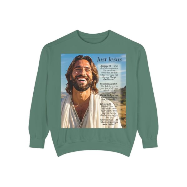 Sweatshirt Unisex with our inspirational "Just Jesus" and Verses on Salvation Design! Faith Apparel Gospel Fashion Jumper, Pullover - Image 5