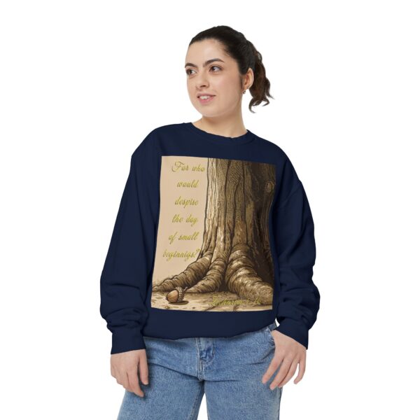 Sweatshirt Unisex with our Inspirational "Day of Small Beginnings" with thoughtful quote from Zech 4:10 and Acorn-Oak Tree design! Faith Apparel Gospel Fashion Jumper, Pullover - Image 37