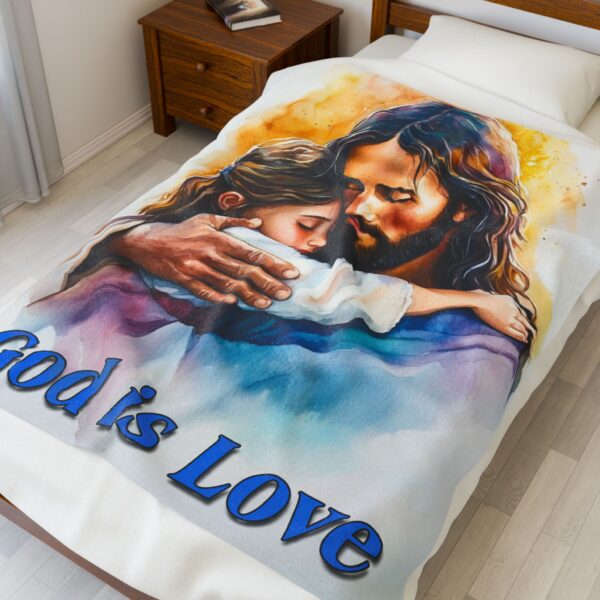 Our "God is Love" series with Jesus hugging a little girl! Inspirational Velveteen Plush Throw Blanket. Cozy Faith Home Decor Bedding - Image 6