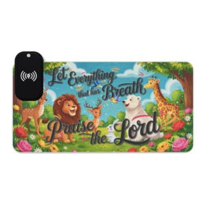 LED + Wireless Charger Gaming Mouse Pad with  inspirational "Let Everything that has Breath Praise the Lord!" Design, Gaming Desk Accessory, Tech Gift, Home Office Gamer Essentials