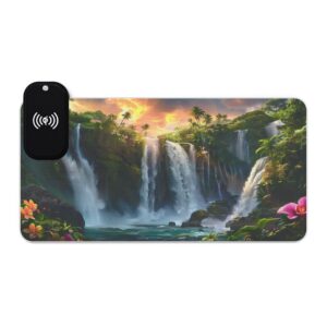 LED + Wireless Charger Gaming Mouse Pad with 'Philippine Waterfall' Design, Gaming Desk Accessory, Tech Gift, Home Office Gamer Essentials