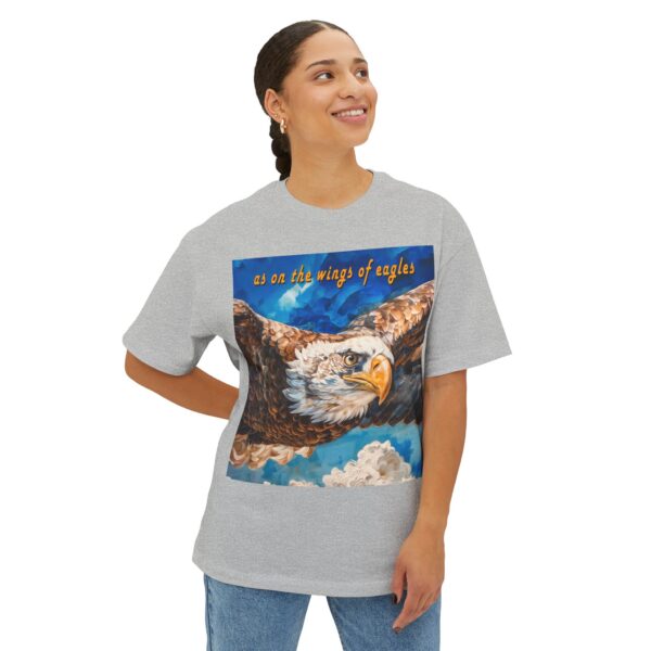 Our "as on the wings of eagles" Boxy T-Shirt with a majestic eagle in flight, Isaiah 40:31, Inspirational Christian Faith Apparel Unisex Cotton Tee, Oversized Boxy Top T-shirt - Image 10