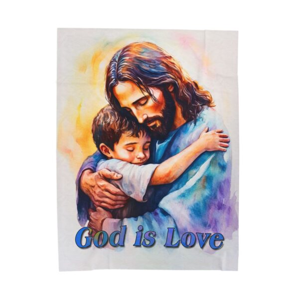 Our "God is Love" series with Jesus hugging a little boy! Inspirational Velveteen Plush Throw Blanket. Cozy Faith Home Decor Bedding - Image 2