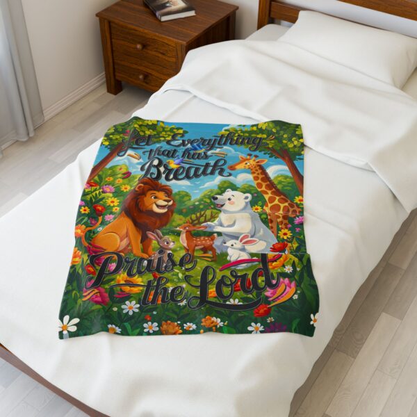 Our inspirational "Let Everything that has Breath Praise the Lord!" Velveteen Plush Throw Blanket Design! A Cozy Gift for Anniversary, Wedding Faith Home Decor Bedding - Image 11