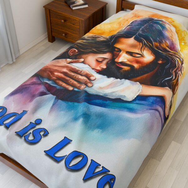 Our "God is Love" series with Jesus hugging a little girl! Inspirational Velveteen Plush Throw Blanket. Cozy Faith Home Decor Bedding