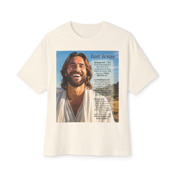 Our inspirational "Just Jesus" and Verses on Salvation Design on a Unisex Oversized Box Tshirt, Religious Graphic Top, Bible Verse Apparel - Image 7